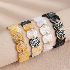 Carved Mother of Pearl Rose Bracelet, Handmade Stretch Bracelet, CZ Flower Shell Jewelry, Elastic Bracelet, Gift for Her