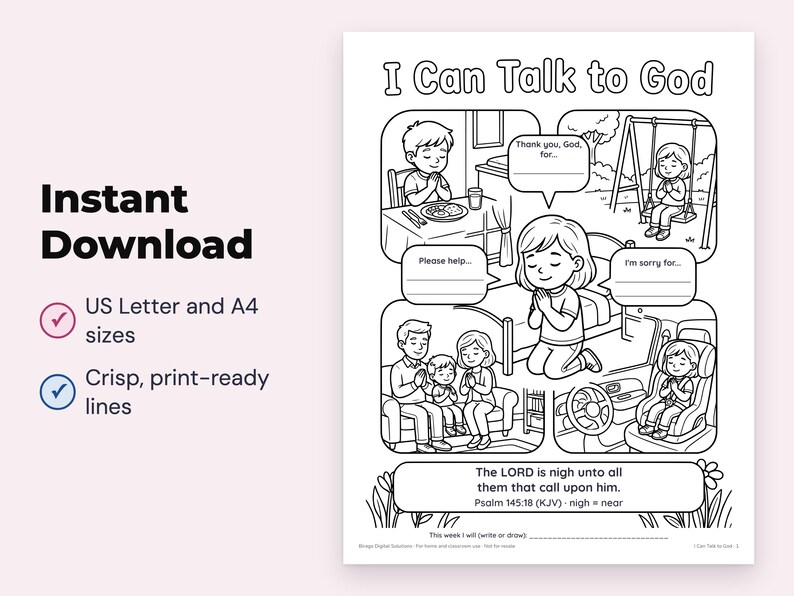 Prayer Coloring Page for Kids, Sunday School Printable (digital ...