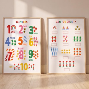 Peut inclure: Deux affiches murales éducatives à fond blanc. L'affiche de gauche présente les chiffres de un à dix en différentes couleurs avec des illustrations. L'affiche de droite porte le texte CAN YOU COUNT? avec des icônes et des cases vides à remplir.