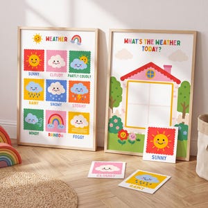 Peut inclure: Deux affiches éducatives encadrées et trois cartes carrées présentant des icônes météo colorées et du texte. Une affiche montre une grille de types de temps comme ensoleillé, pluvieux et neigeux. L'autre représente une maison avec une fenêtre.