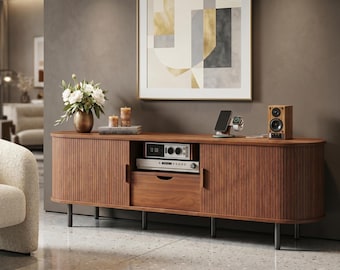 Light Oak Fluted TV Stand, Modern Wood Media Console, Long Storage Cabinet
