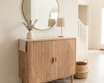 Fluted Wood Storage Cabinet, Mid Century Modern Sideboard, Walnut Accent Cabinet with Gold Handles