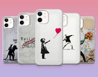 Cover per telefono con graffiti di Banksy per iPhone 17Pro, 16, 15, 14, 13, 12, Samsung S26, S25, S24, S23Fe, A16, A56, Pixel 10, 9Pro