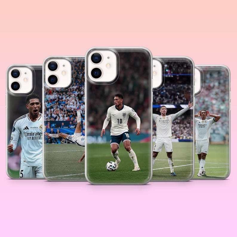 May include: Five clear smartphone cases featuring photographic prints of a soccer player in a white jersey. The images show the athlete in various poses on a green field, including running with a ball, celebrating, and performing a bicycle kick.
