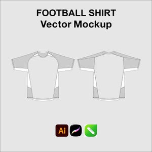 May include: A football shirt vector mockup displaying the front and back views of a short-sleeved jersey in light grey and white. The text FOOTBALL SHIRT Vector Mockup appears at the top, with three software icons at the bottom.