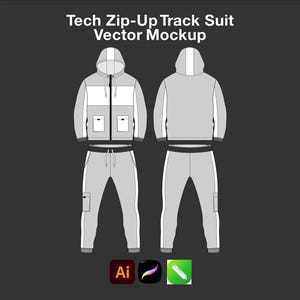 May include: A vector mockup of a tech zip-up track suit featuring a hooded jacket and matching pants in light and dark gray. The front view shows a full-length zipper, hood drawstrings, and two pockets. The text reads Tech Zip-Up Track Suit Vector Mockup.