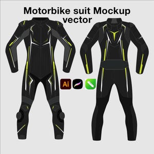 May include: A black motorbike suit mockup vector featuring front and back views with lime green and white geometric accents. The text Motorbike suit Mockup vector is displayed at the top, accompanied by three small software icons below the suits.