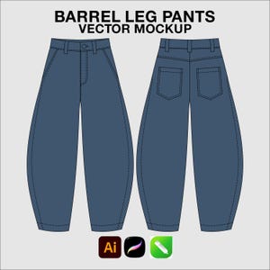 May include: A vector mockup of blue barrel leg pants showing front and back views with belt loops, a button closure, and two back pockets. The text BARREL LEG PANTS VECTOR MOCKUP is displayed at the top, with three software icons at the bottom.