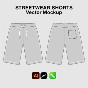 May include: A vector mockup of light gray streetwear shorts featuring a front view with a drawstring waistband and a back view with a single patch pocket. The text STREETWEAR SHORTS Vector Mockup is displayed at the top with three software icons below.