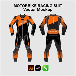 Peut inclure: Une combinaison de course de moto en format vecteur montrant les vues avant et arrière en noir et orange. La combinaison porte le texte INFINITIVE sur la poitrine, le dos et les manches. Le design inclut une fermeture éclair et des genouillères.