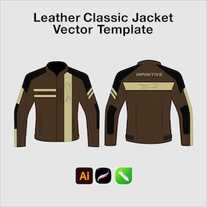 May include: A brown and black jacket vector template featuring the text Leather Classic Jacket Vector Template and Infinitive. The design includes a stylized animal logo, striped accents on the sleeves, and three software icons at the bottom.