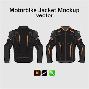 Op de afbeelding: Een zwarte motorjas mockup vector met oranje accenten op de schouders, mouwen en romp. Het ontwerp toont zowel de voor- als achterkant van de jas. De tekst Motorbike Jacket Mockup vector staat bovenaan de afbeelding.