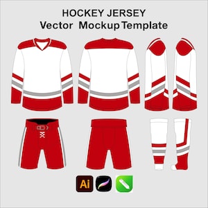 May include: A hockey jersey vector mockup template featuring front, back, and side views of a white and red jersey, red shorts with a lace-up front, and matching socks. The text HOCKEY JERSEY Vector Mockup Template is displayed at the top.