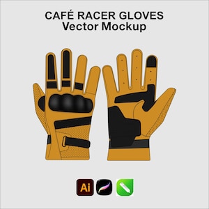 May include: A vector mockup of tan and black motorcycle gloves with the text CAFÉ RACER GLOVES Vector Mockup. The gloves feature black knuckle protection, perforated panels, and adjustable wrist straps, displayed with software icons below.