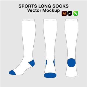 May include: Vector mockup of white sports long socks with blue accents on the heel and toe. The image shows three different views of the socks: side, front, and back. The text "SPORTS LONG SOCKS Vector Mockup" is at the top.