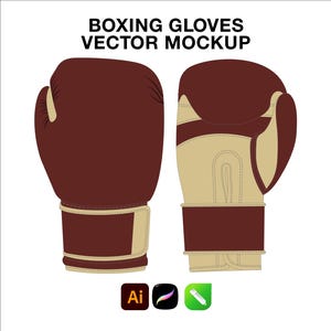 May include: A pair of boxing gloves shown from the front and back, featuring a dark brown and beige color scheme with a hook-and-loop wrist closure. The text BOXING GLOVES VECTOR MOCKUP appears at the top, with three software icons at the bottom.