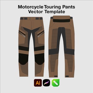 May include: A vector template of brown motorcycle touring pants shown from the front and back views. The pants feature black panels on the knees, thighs, and waist, with the text Motorcycle Touring Pants Vector Template at the top.