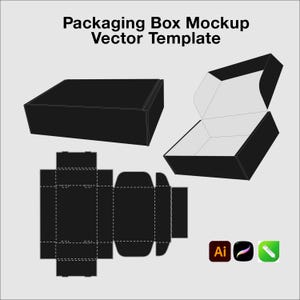 May include: A black packaging box mockup vector template featuring a closed box, an open box with a white interior, and a flat die-cut layout with dashed fold lines. The text Packaging Box Mockup Vector Template is displayed at the top.