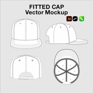 May include: A digital vector mockup of a fitted cap featuring front, side, back, and interior views in black and white line art. The text FITTED CAP Vector Mockup is displayed at the top, accompanied by small icons for Adobe Illustrator, Procreate, and a pen tool.