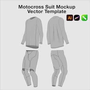 May include: A grey motocross suit mockup vector template featuring a long-sleeve jersey and trousers shown from front and back views. The design includes icons for Adobe Illustrator, Procreate, and a pencil tool, with the text Motocross Suit Mockup Vector Template.