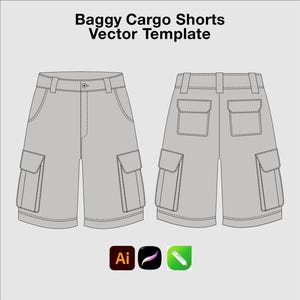 Puede incluir: Una plantilla vectorial gris de pantalones cortos cargo holgados que muestra vistas frontales y traseras con trabillas, bolsillos laterales y traseros. El texto Baggy Cargo Shorts Vector Template aparece arriba, con iconos debajo.