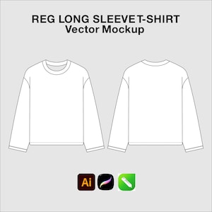 Può includere: Un modello vettoriale di t-shirt a maniche lunghe bianca che mostra le viste anteriore e posteriore con contorni neri. Il testo REG LONG SLEEVE T-SHIRT Vector Mockup è visualizzato in alto. Tre icone software sono in basso.