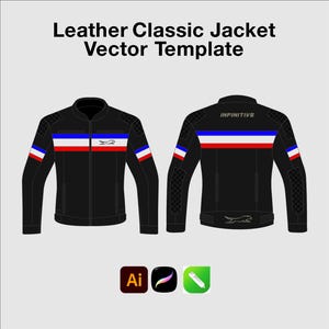 Könnte beinhalten: Eine Vektorvorlage für eine schwarze Lederjacke mit Vorder- und Rückansicht, die blaue, weiße und rote horizontale Streifen auf Brust und Ärmeln zeigt. Der Text Leather Classic Jacket Vector Template und INFINITIVE sowie ein kleines Tierlogo sind zu sehen.