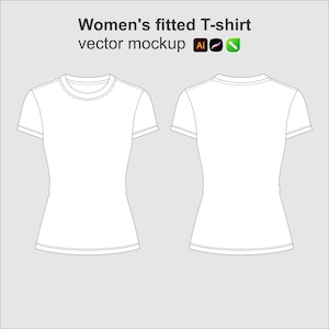 May include: A white fitted T-shirt vector mockup showing front and back views with short sleeves and a crew neckline. The text "Women's fitted T-shirt vector mockup" appears at the top alongside three small square icons in black, purple, and green.