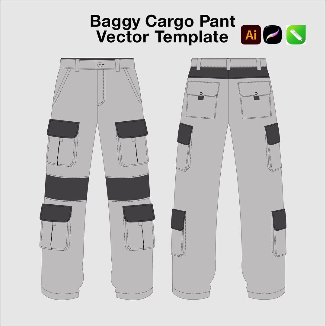 Baggy Cargo Pants Vector Mockup | Streetwear Fashion Flat Sketch CAD ...
