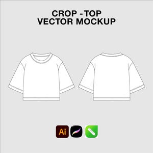 Peut inclure: Un dessin au trait noir et blanc d'un modèle vectoriel de crop top montrant les vues avant et arrière. Le texte CROP-TOP VECTOR MOCKUP est affiché en haut. Trois petites icônes carrées pour Adobe Illustrator, Procreate et un crayon sont en bas.