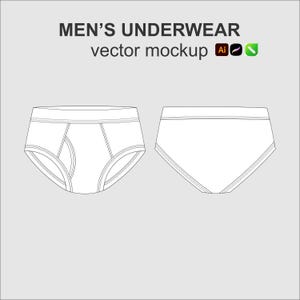 May include: A white vector mockup of underwear showing front and back views with black outlines. The text reads MEN'S UNDERWEAR vector mockup, accompanied by three small square icons representing software file formats in orange, purple, and green.