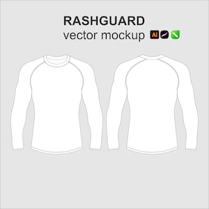 May include: A white long-sleeve rashguard vector mockup showing front and back views. The garment features raglan sleeves and visible stitching details. The text RASHGUARD vector mockup is displayed at the top with three small software icons.