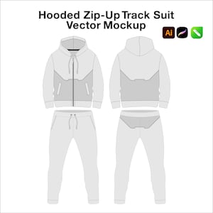 May include: A light grey hooded zip-up track suit vector mockup featuring a front and back view of a hoodie and matching sweatpants with darker grey paneling details. The text Hooded Zip-Up Track Suit Vector Mockup is displayed at the top.