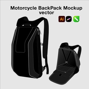 Può includere: Una grafica vettoriale di uno zaino da moto nero con il testo Motorcycle BackPack Mockup vector. Il design mostra uno zaino chiuso e uno aperto con scomparti interni, insieme a icone per Adobe Illustrator e Procreate.