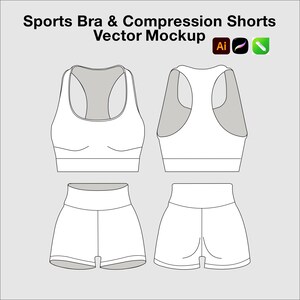 May include: A vector mockup of a sports bra and compression shorts featuring front and back views. The text "Sports Bra & Compression Shorts Vector Mockup" is displayed at the top, accompanied by three small software icons for design applications.