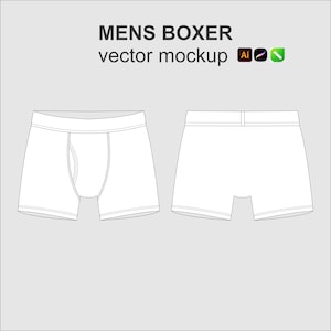 Puede incluir: Un modelo vectorial de bóxer blanco que muestra vistas frontales y traseras con contornos negros. El texto MENS BOXER vector mockup aparece en la parte superior junto a tres pequeños iconos cuadrados de Adobe Illustrator, Procreate y Sketch.