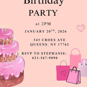 May include: A pink birthday party invitation featuring a three-tiered pink cake with lit candles, pink heart bunting, and three gift bags. The text reads: YOU ARE INVITED TO ALIA'S Birthday PARTY at 2PM JANUARY 20TH, 2026 545 CROES AVE QUEENS. NY 17762 RSVP TO STEPHANIE: 631-567-9090.