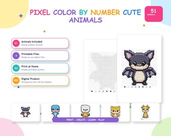 Animal Color by Number PDF for Kids, 51 Pixel Art Printable Activity Pages