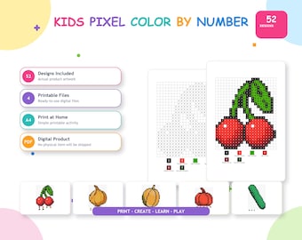 Fruit Color by Number Printable for Kids, 40 Pixel Art Pages, A4 Activity PDF