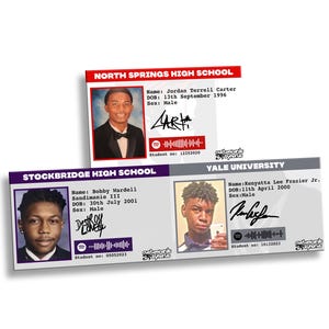 Puede incluir: Tres tarjetas de identificación rectangulares con retratos, nombres, fechas de nacimiento y firmas. Las tarjetas muestran los encabezados North Springs High School, Stockbridge High School y Yale University, junto con códigos de Spotify.