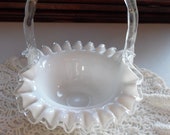 Vintage Fenton Basket Milk Glass Silvercrest Clear Ruffled Edge Bamboo Glass Handle Pre Logo Free USA Shipping Insurance and Tracking Incl