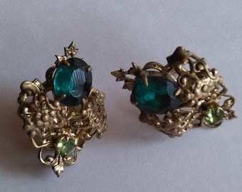 Vintage Brass Earrings Green Stones Emerald and Peridot Color Pierced Floral Embossed Filagree No Backs Free USA Shipping and Tracking Incl.