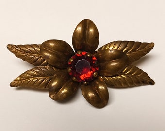 Vintage Brass Flower Red Jewel Center Brooch Lapel Pin Straight Back Pin with Loop Enclosure Free USA Shipping and Tracking Included