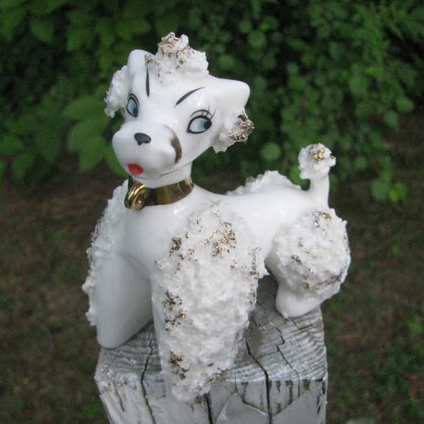 Poodle Dog Large Sized Elfinware Mama No Pups White China Raised Gold Blue Eyes Free USA Shipping, Insurance and Tracking Included in Price