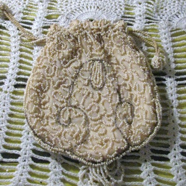 Vintage Bag Drawstring Beaded Pouch Purse Made In BELGIUM Beige White Grey Vintage Bag FREE USA Shipping and Tracking Included in Price