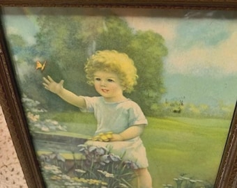 Annie Benson Muller Framed Litho Girl and Butterfly Halloween Party Prize in 1940 -  USA Shipping is Included in Price