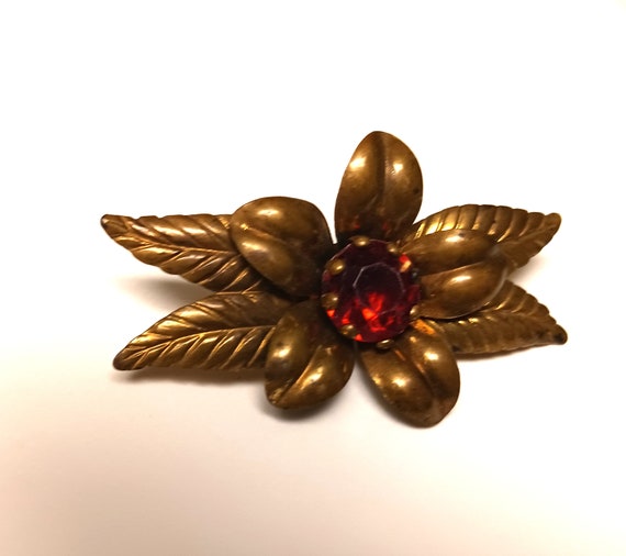 Vintage Brass Flower Red Jewel Center Brooch Lape… - image 2