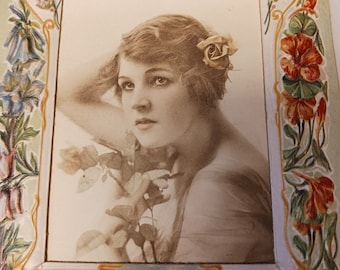Antique Art Nouveau Colorized Photo Frame Lady with Roses Sepia Tone w Other Florals and Scenic Ocean Free USA Shipping Included