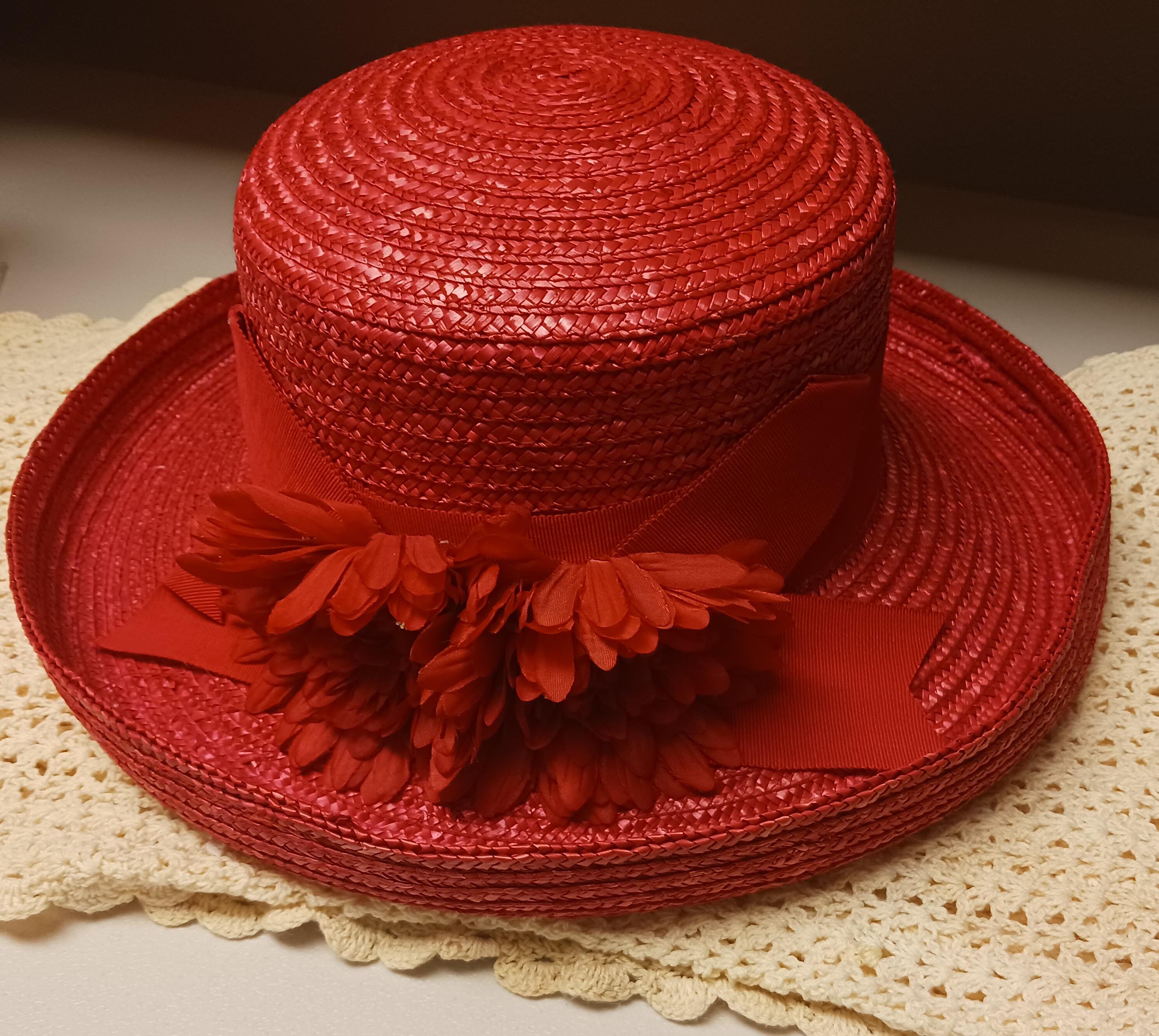Red Straw Hat Wide Brim Flowers Perfect Summer Hat Red 