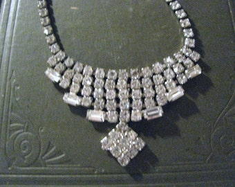 Art Deco Dripping Bib Rhinestones Baguette and Round Prong Set Stones Necklace Free U.S.A. Shipping and Tracking
